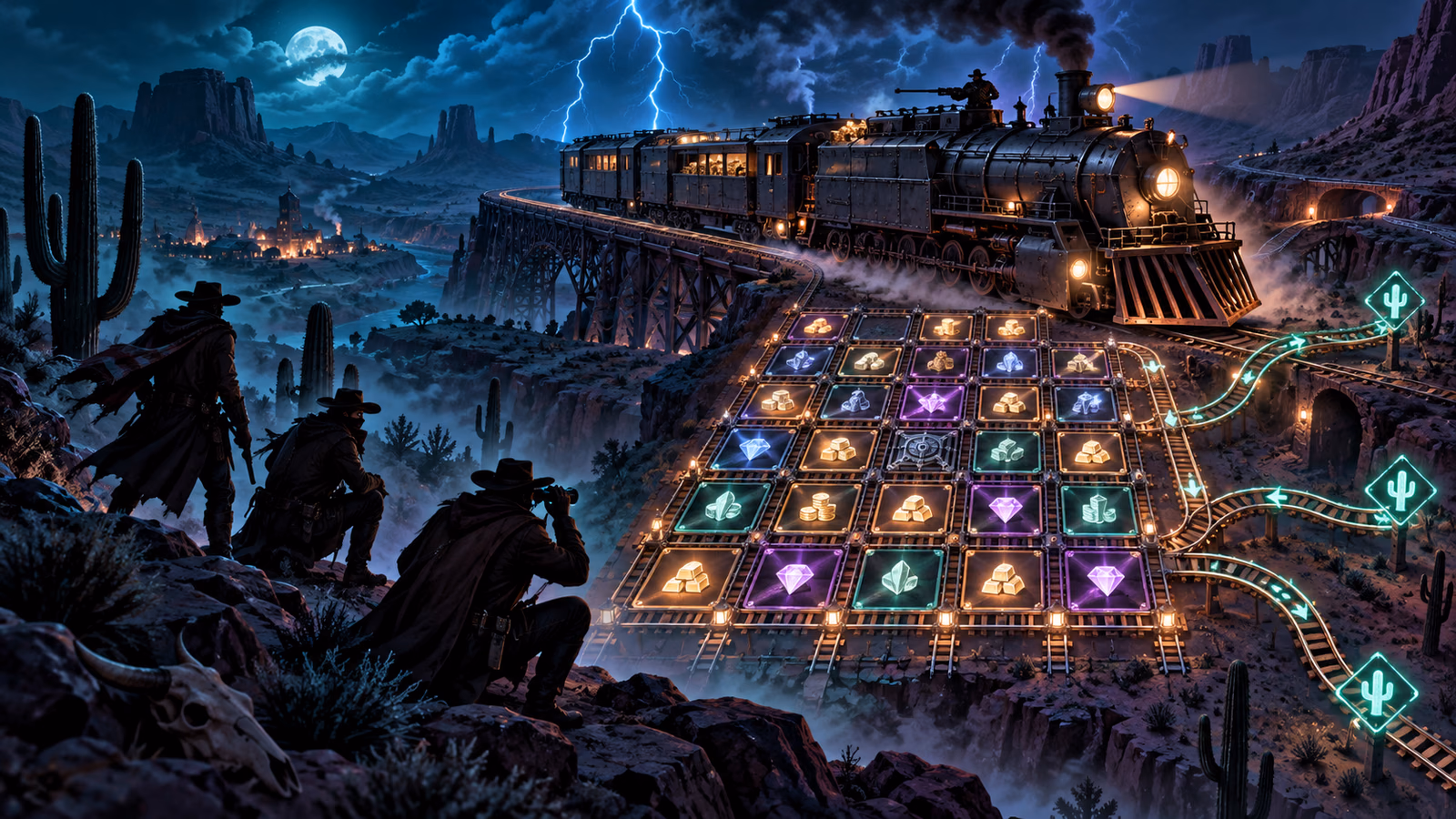 Original thunder-train heist above a connected glowing value-tile map