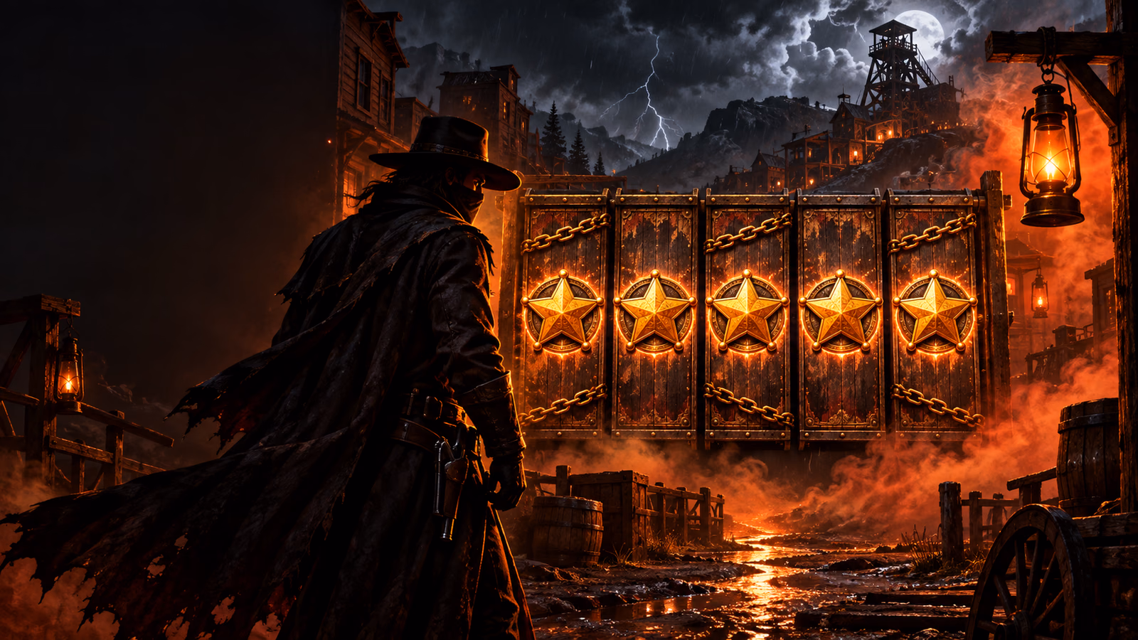Original dark western town with lone bandit, five separate Wild badges and sticky golden chains