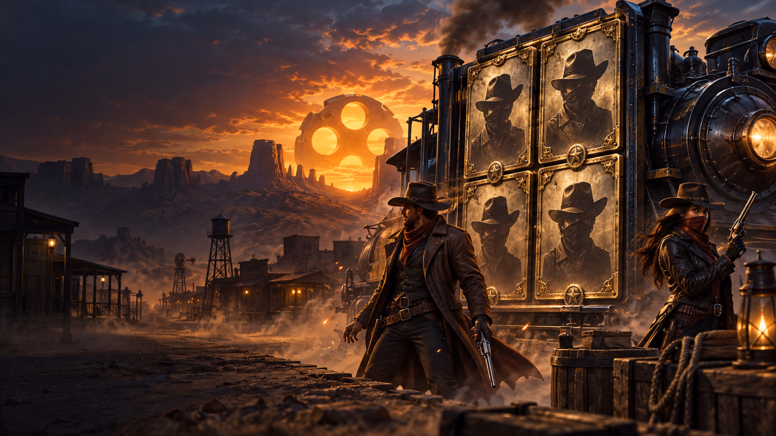 Original frontier town with two outlaws, a steam locomotive, four-panel metal wild structure and revolver cylinder sunset