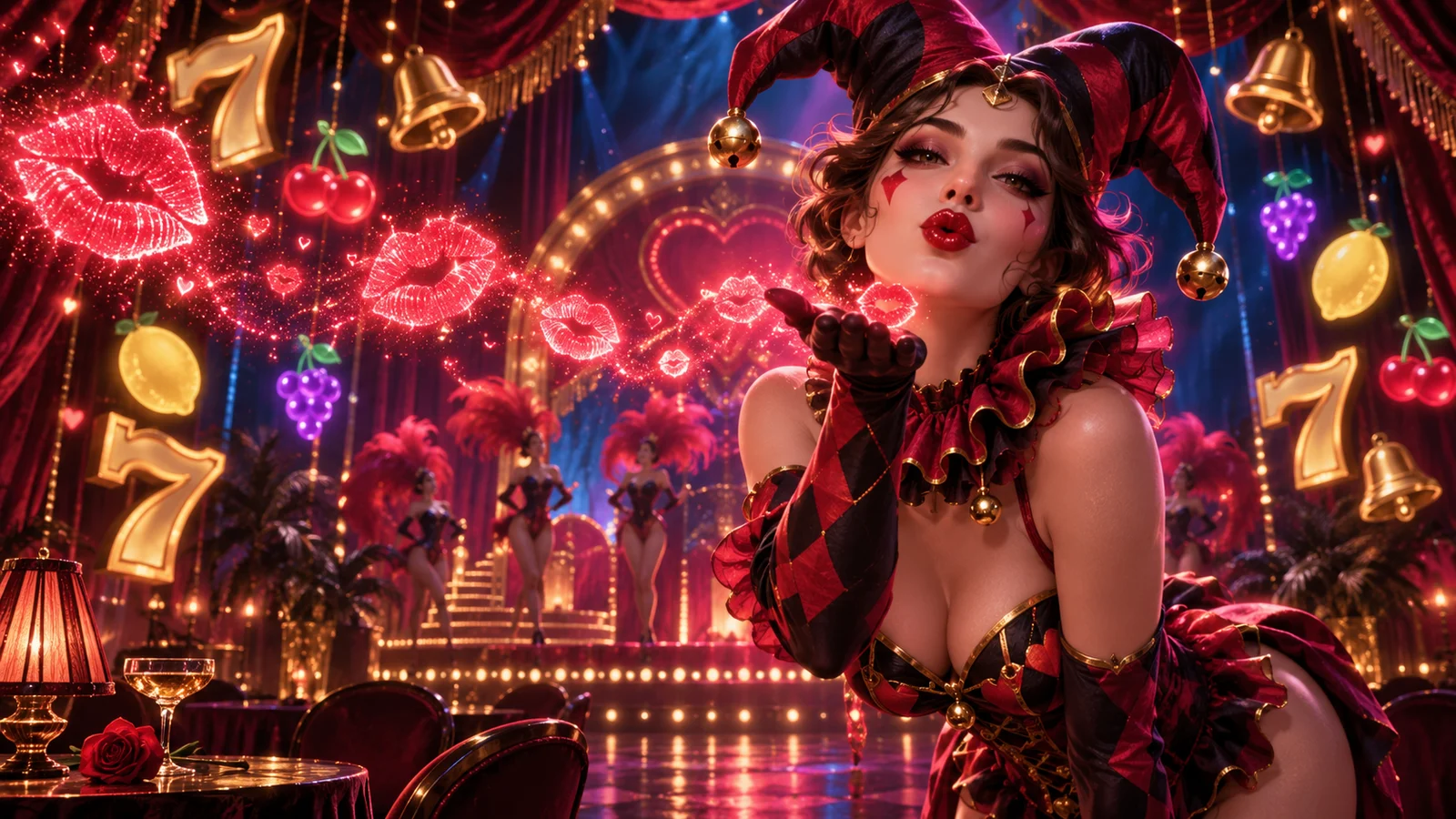 Original neon cabaret artwork of a joker performer blowing glowing crimson kisses