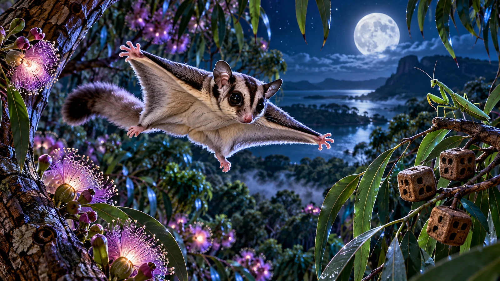 Original editorial artwork of a sugar glider crossing a moonlit forest toward a praying mantis