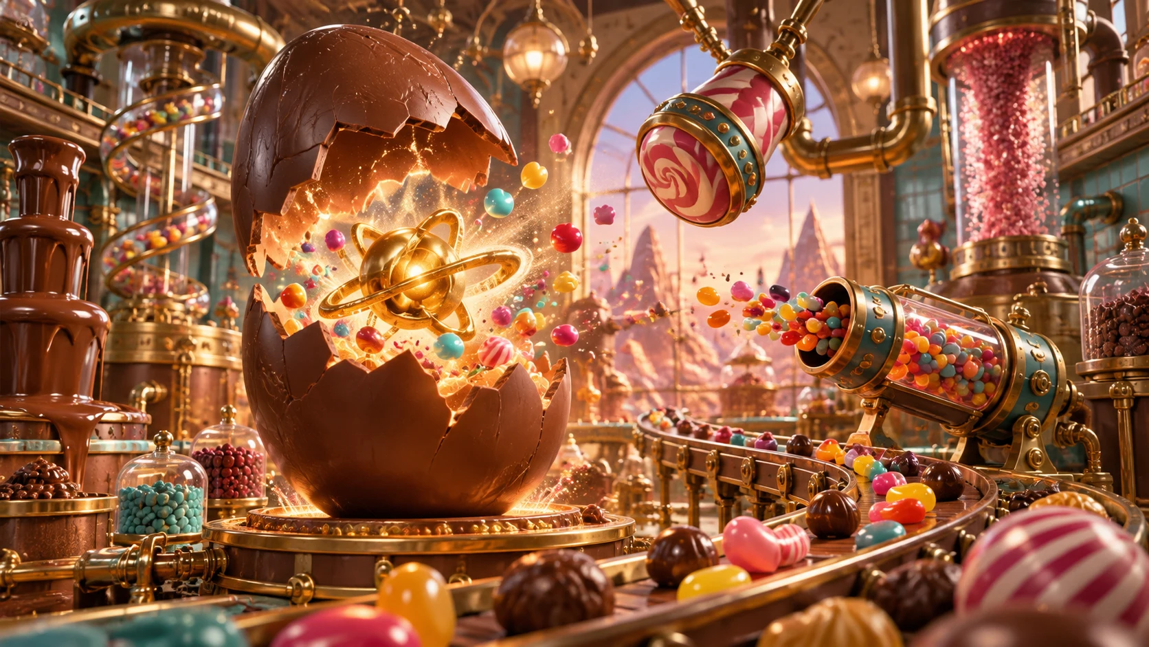 Original editorial artwork of a giant chocolate surprise egg opening inside an ornate confectionery laboratory
