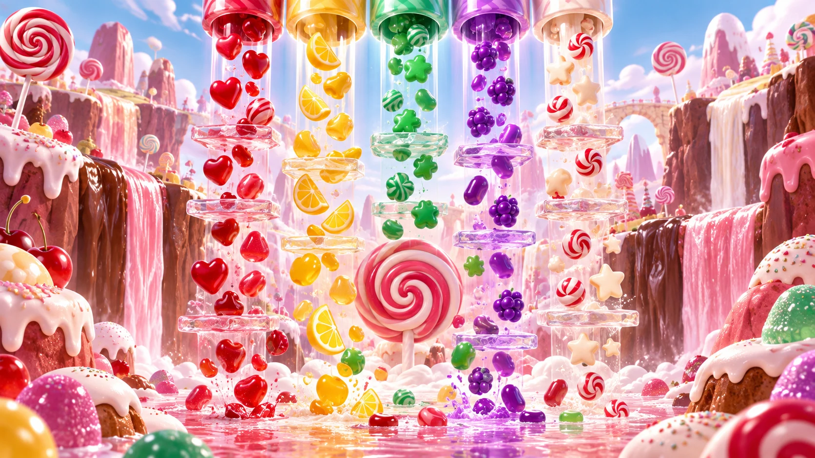 Original editorial artwork of colourful sweets cascading through a bright confectionery landscape