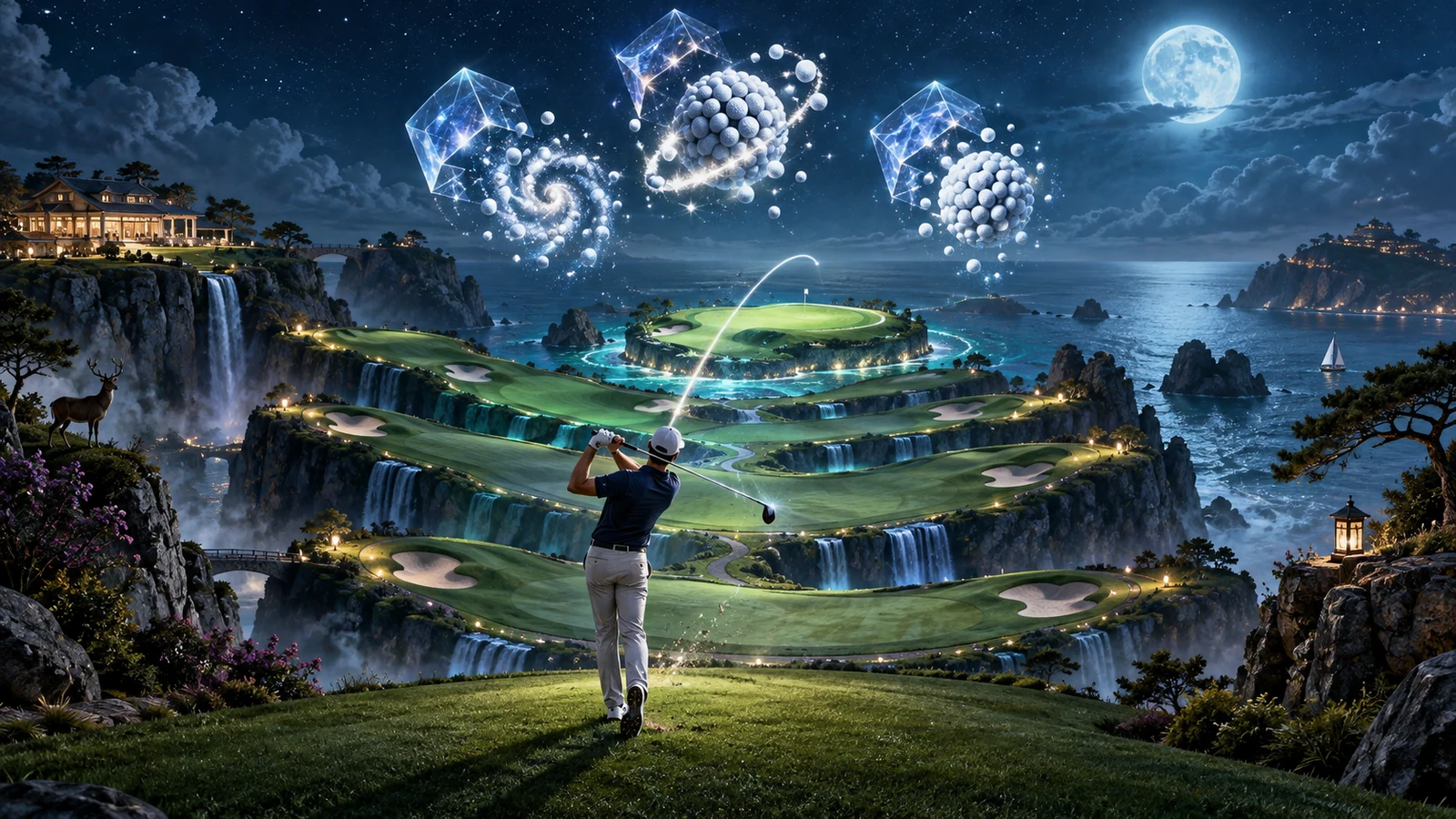 Original editorial artwork of a golfer driving across a moonlit terraced island course beneath transforming crystal cubes