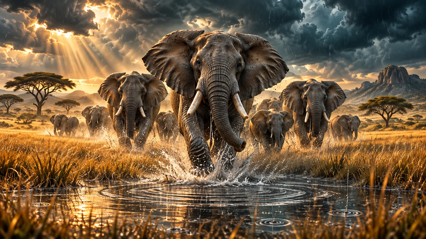 Original editorial artwork of an elephant herd crossing a rain-soaked African savanna beneath a dramatic storm