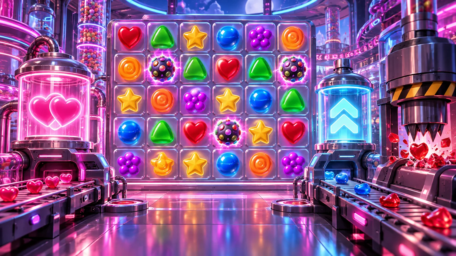 Original editorial artwork of a neon candy laboratory with a six-by-five sweet grid and three feature machines