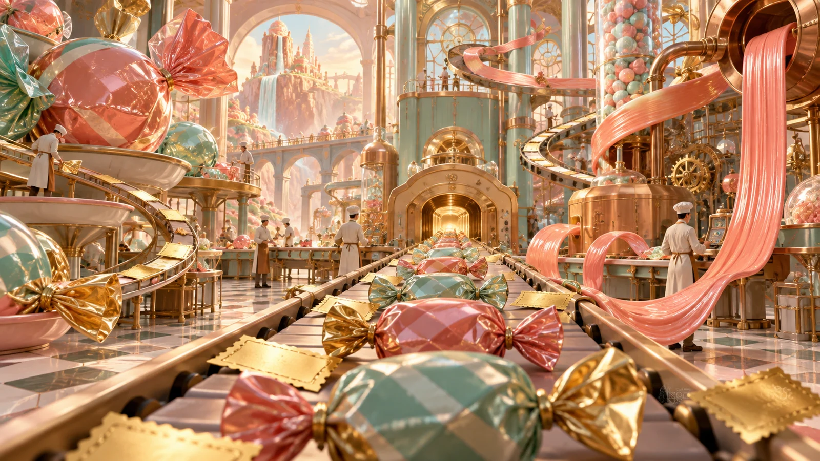 Original editorial artwork of a refined confectionery factory with wrapped sweets, candy ribbons and golden tickets