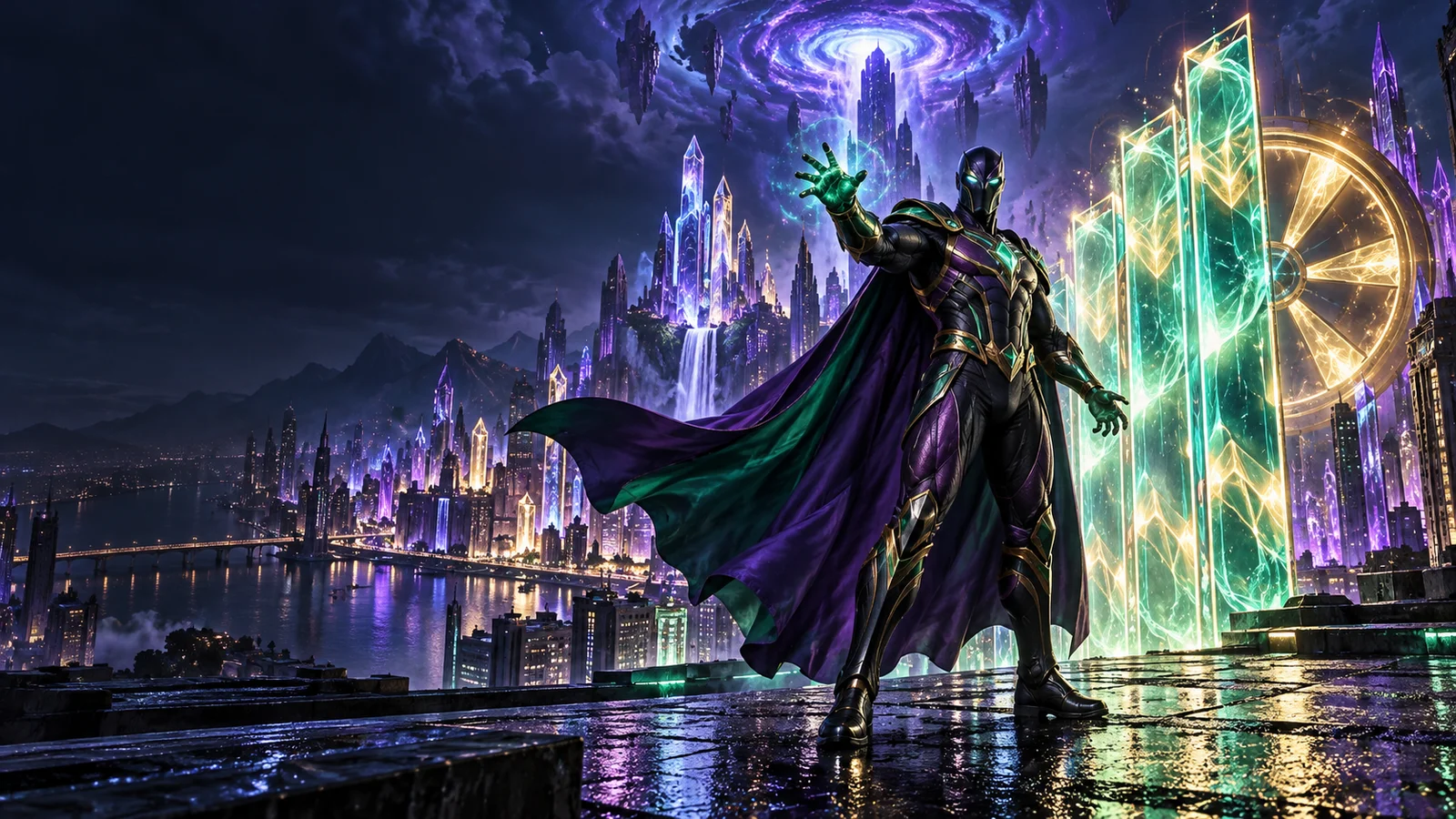 Original editorial artwork of a masked hero summoning emerald energy panels above a crystal city