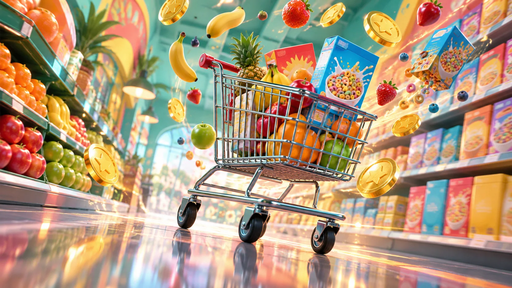 Original editorial artwork of a racing shopping trolley flying through a luminous supermarket aisle