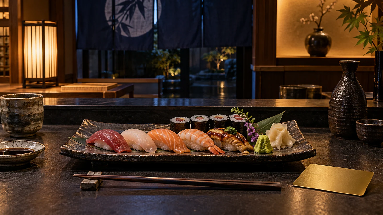 Original editorial photograph of sushi on a quiet Japanese counter