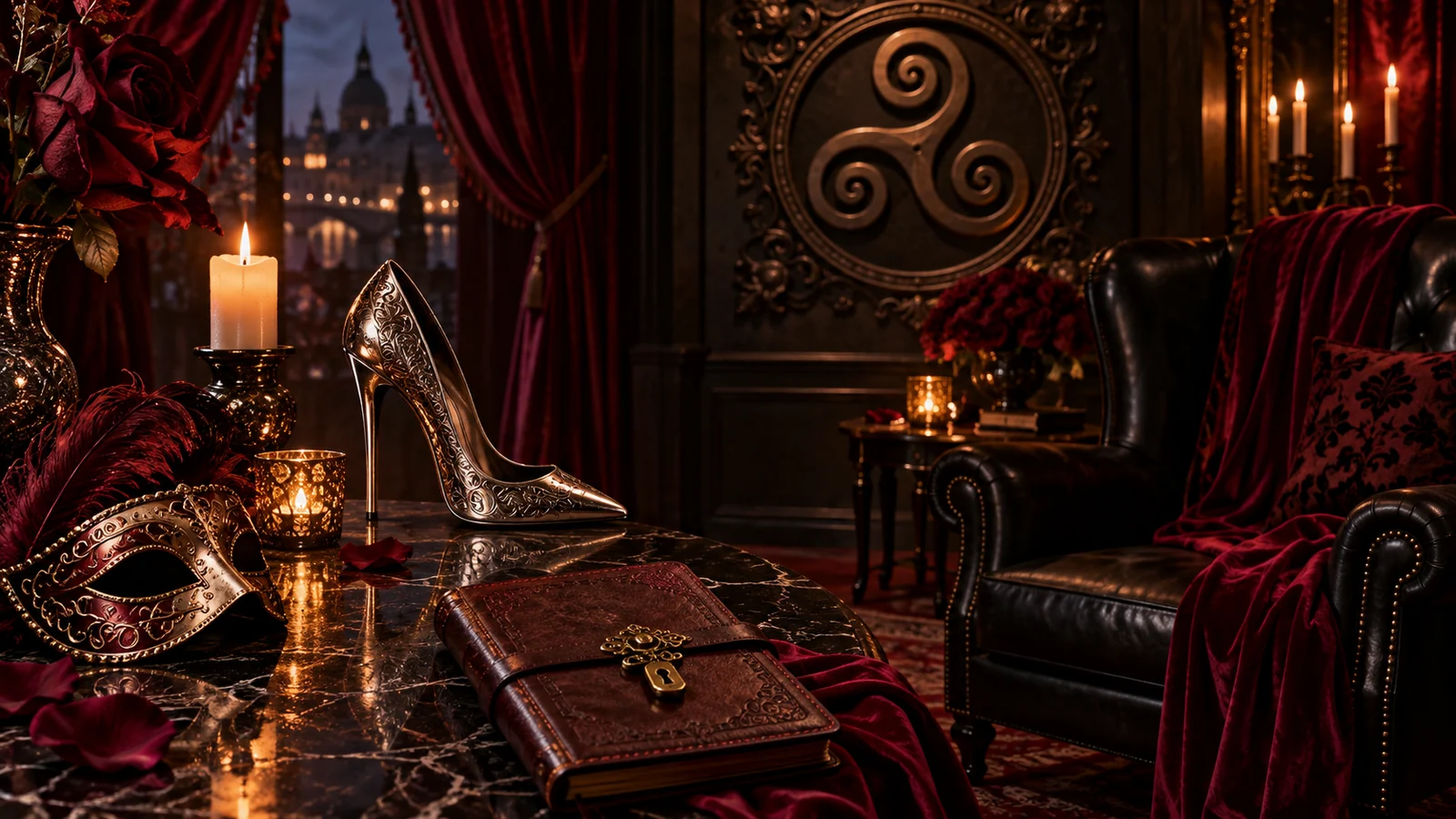 Original editorial artwork of a crimson masquerade lounge with a silver shoe, locked diary and ornate wheel motif