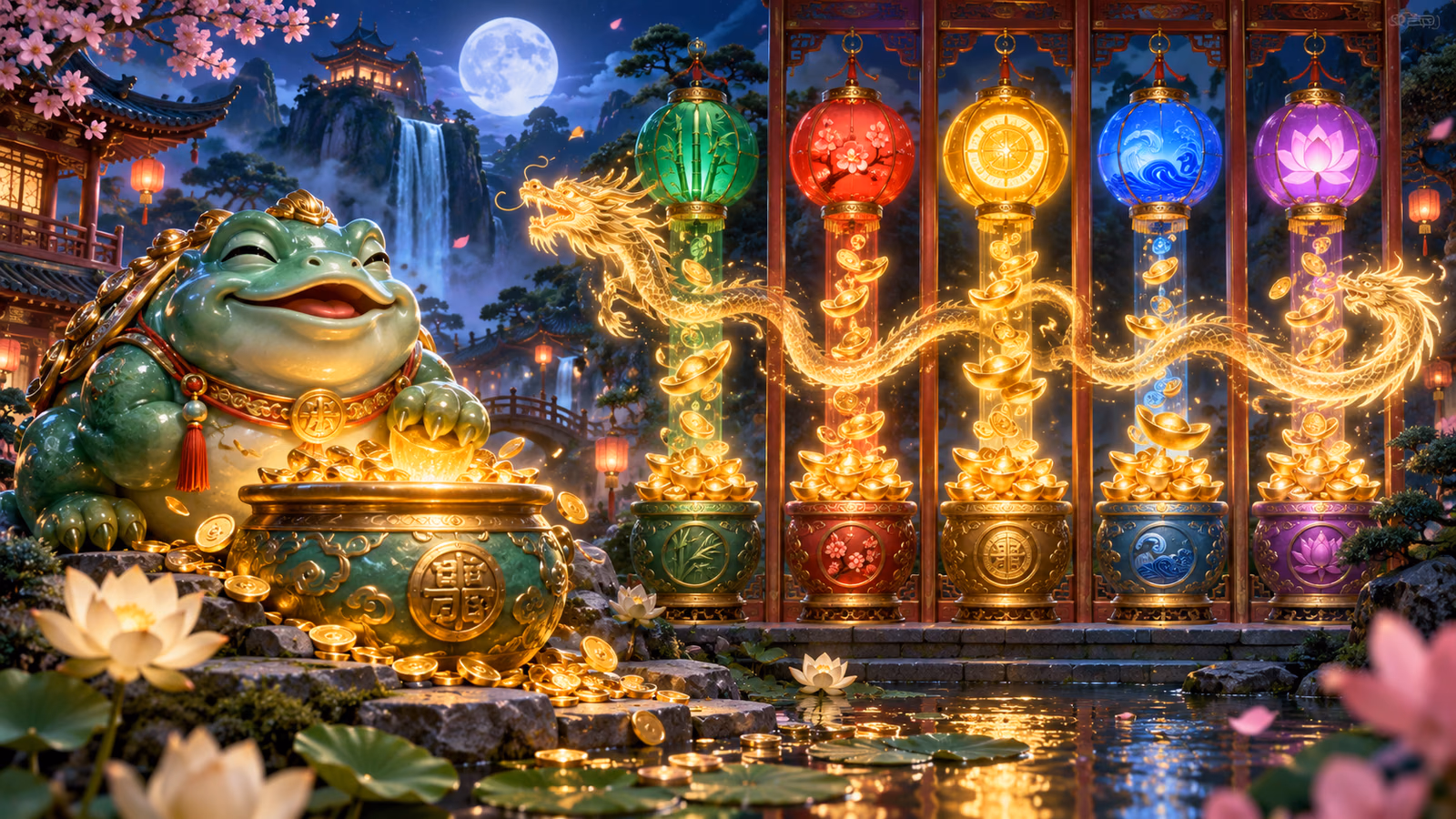 Original jade toad beside a prosperity pot, five lantern meters, golden coins and dragon spirits