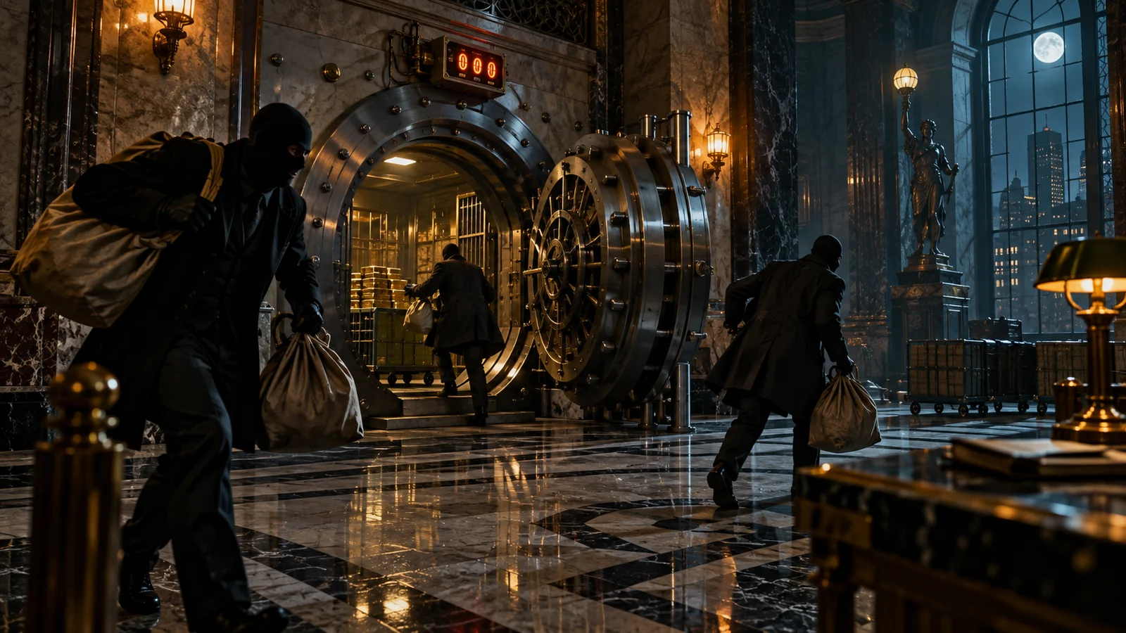 Original editorial artwork showing a moonlit marble bank vault and fictional masked robbers carrying canvas bags