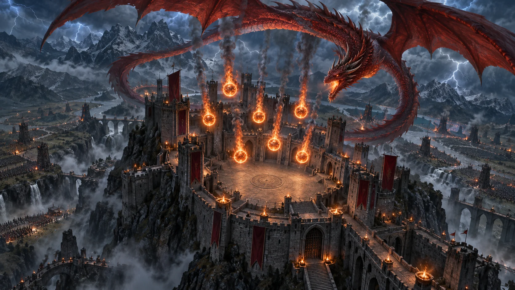 Original editorial artwork of a red dragon circling a mountain castle above seven descending fire orbs