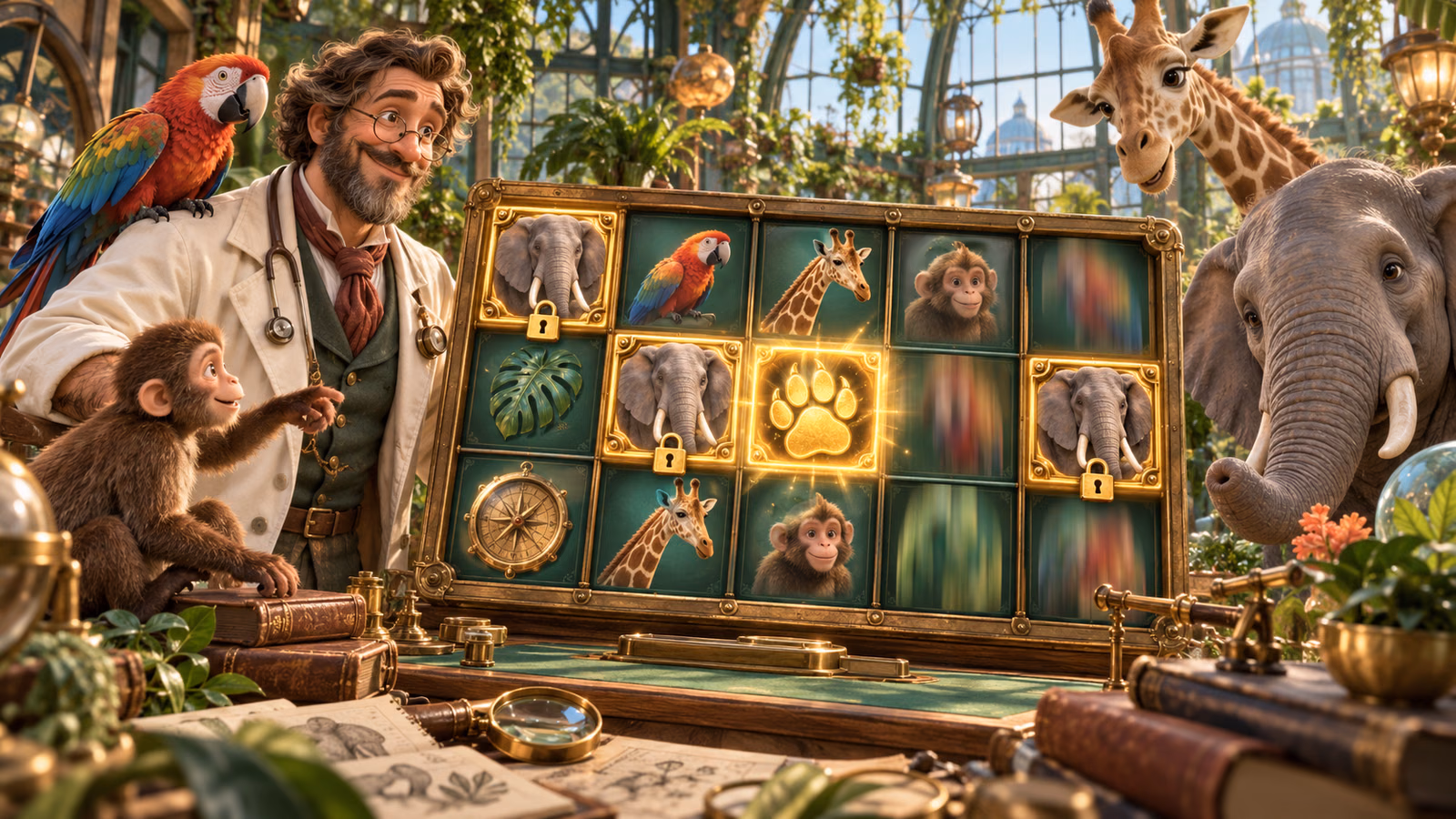 Original Victorian animal clinic with a 5 by 3 board, brass-framed locked animal symbols and one glowing multiplier Wild