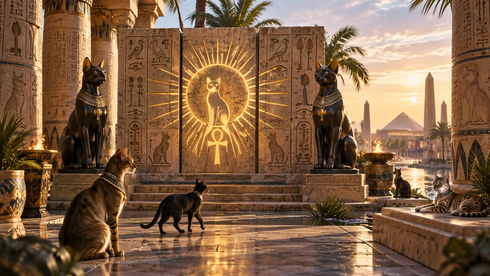 Original editorial artwork of an ancient Egyptian temple with guardian cats and expanding carved panels