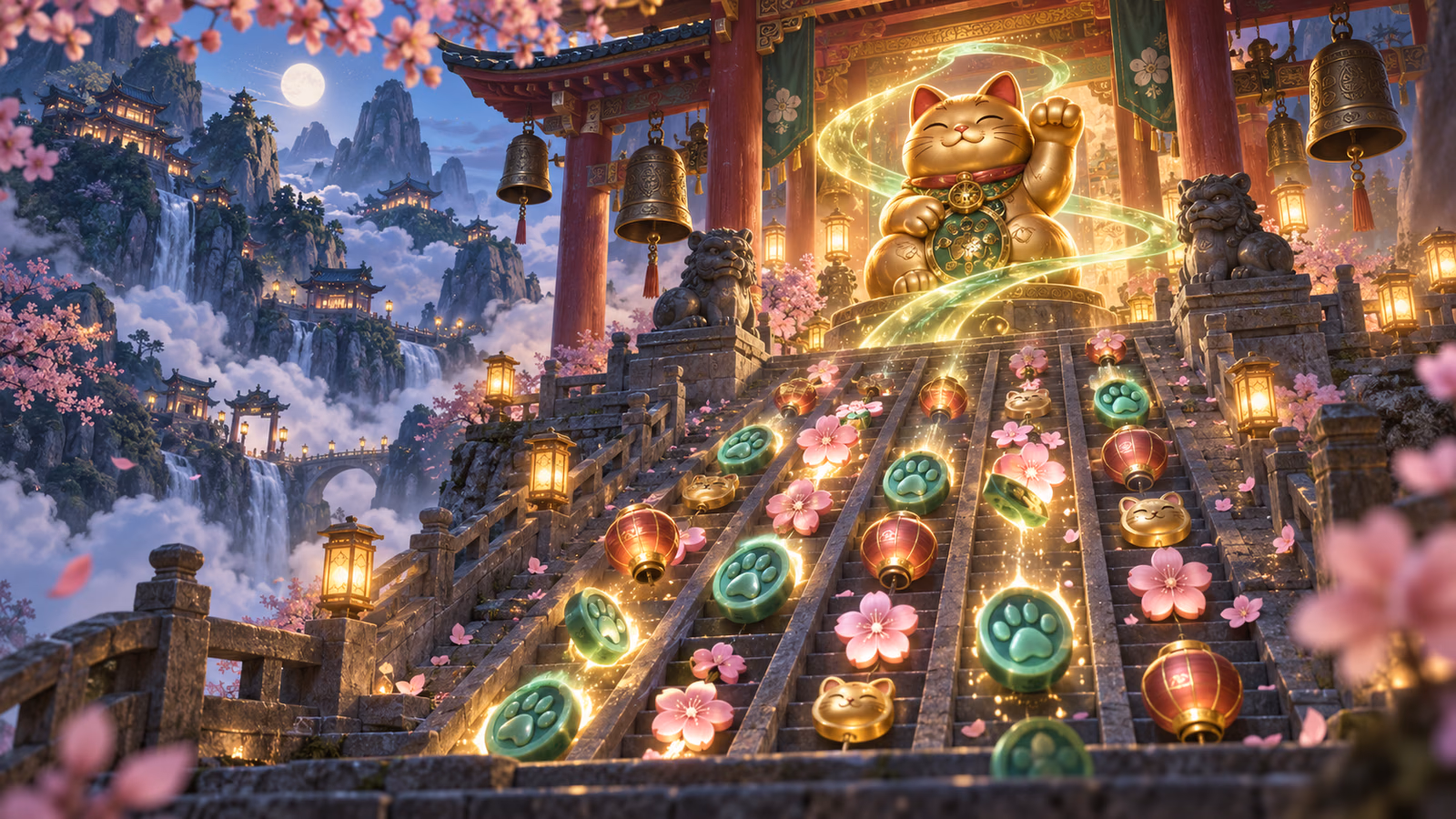 Original mountain temple with golden cat guardian, tumbling jade paws and a persistent light ribbon