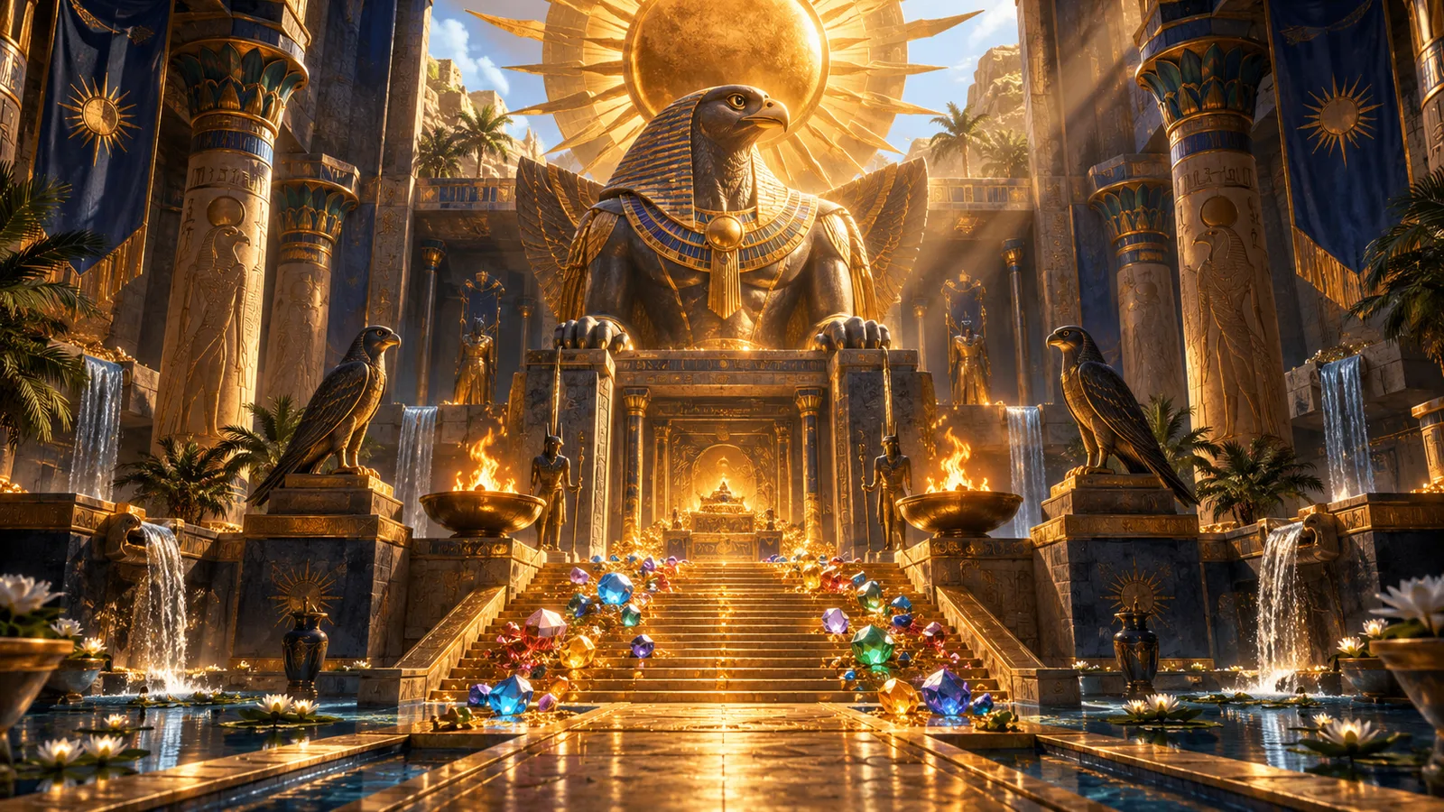 Original editorial artwork of a monumental sun temple, falcon guardian and cascading gemstones