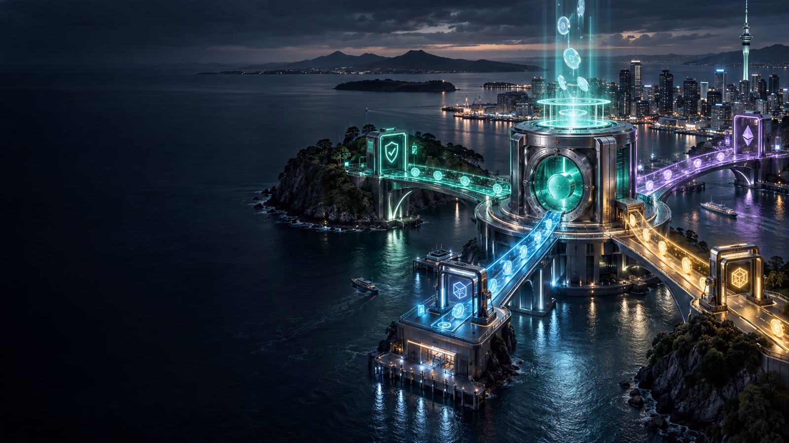 Original New Zealand harbour protocol interchange with separated coloured transaction bridges and verification gates