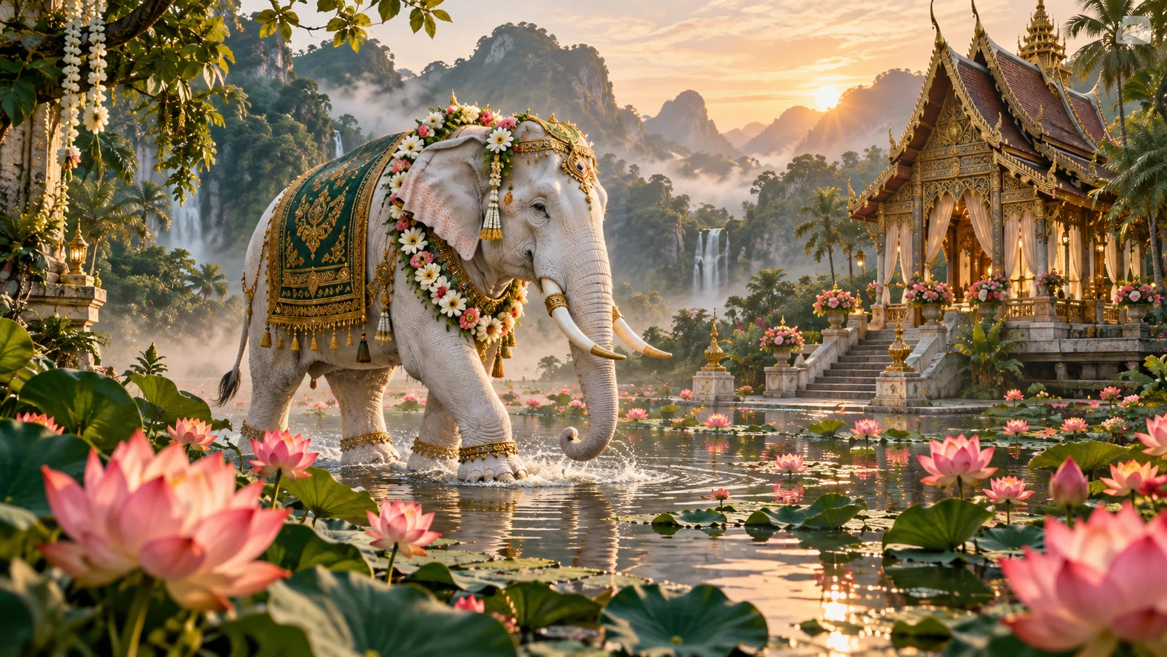 Original editorial artwork of a ceremonial elephant walking through a Thai lotus garden at sunrise
