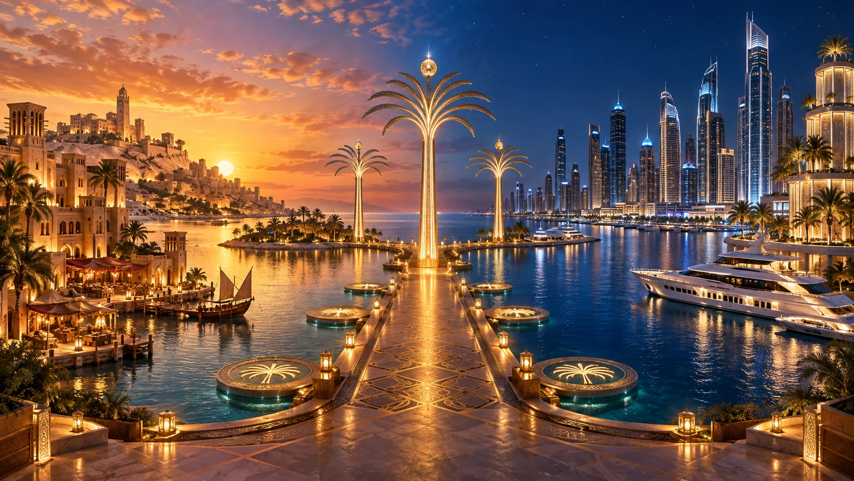 Original editorial panorama linking a coastal desert city with a modern illuminated marina