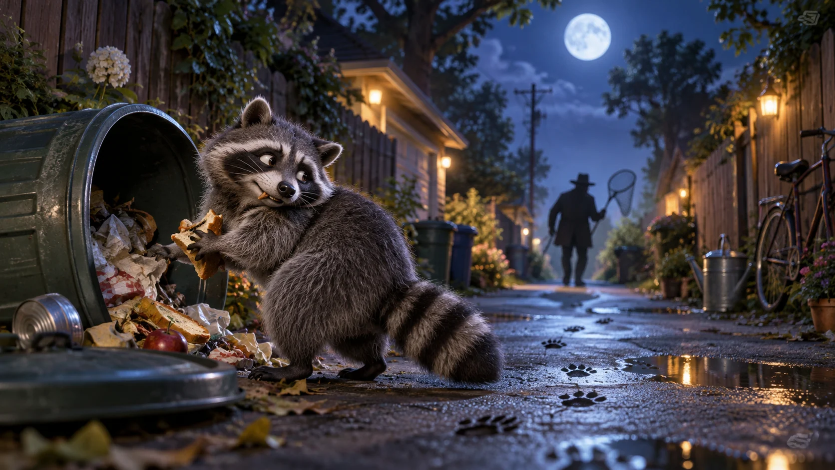 Original editorial artwork of a raccoon raiding a bin while a humane animal catcher follows pawprints at night