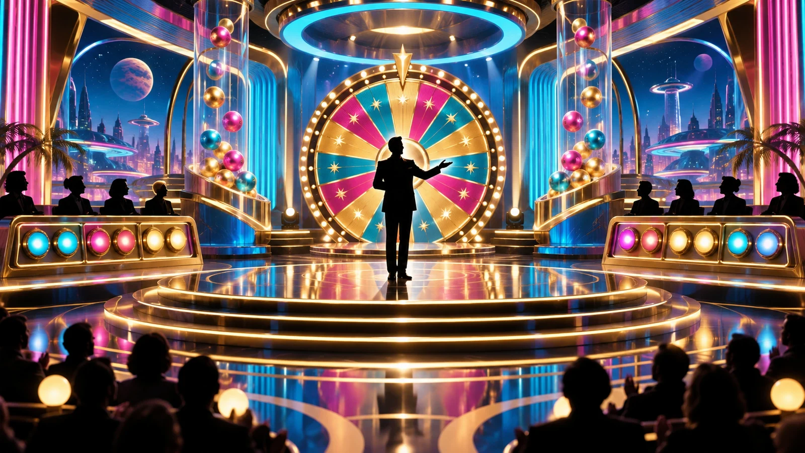 Original editorial artwork of a retro-futurist television game show stage with a host silhouette and illuminated prize wheel