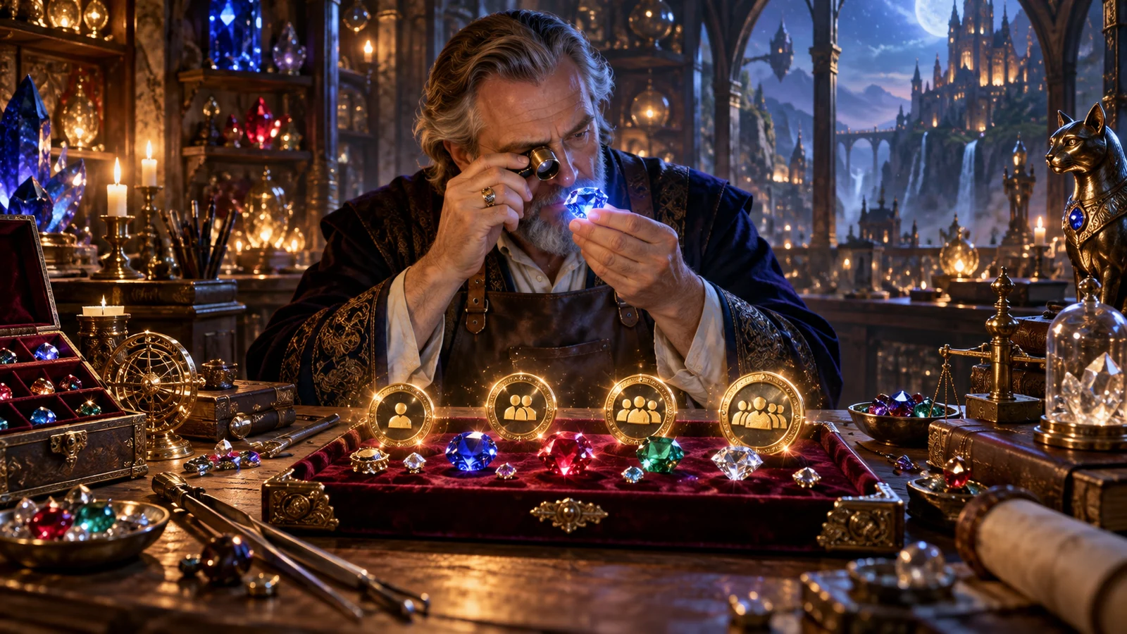 Original editorial artwork of a fictional master jeweller examining a blue gem in a candlelit workshop