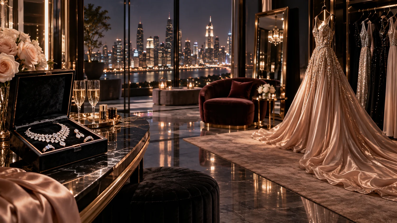 Original editorial photograph of an opulent evening penthouse with couture gowns and a diamond case