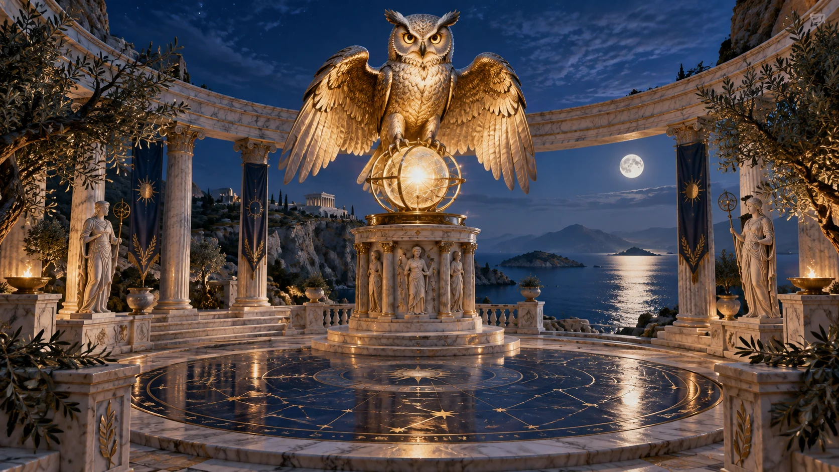 Original editorial artwork of a golden owl above an ancient Greek observatory on an Aegean cliff