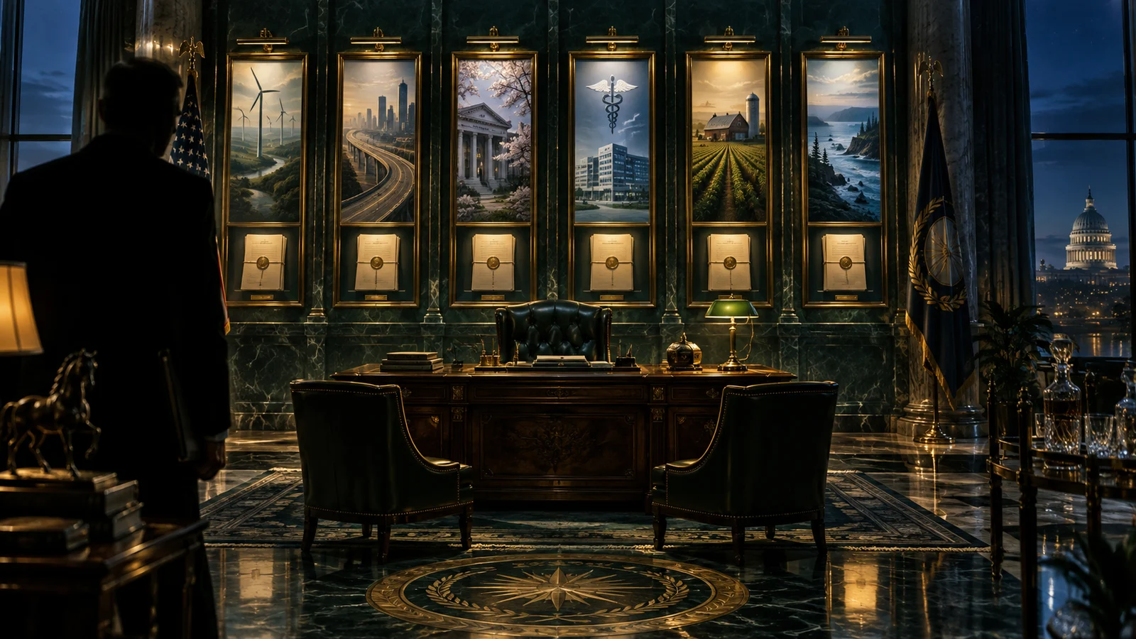 Original editorial artwork of a fictional governor office with six illuminated policy frames and a shadowed visitor