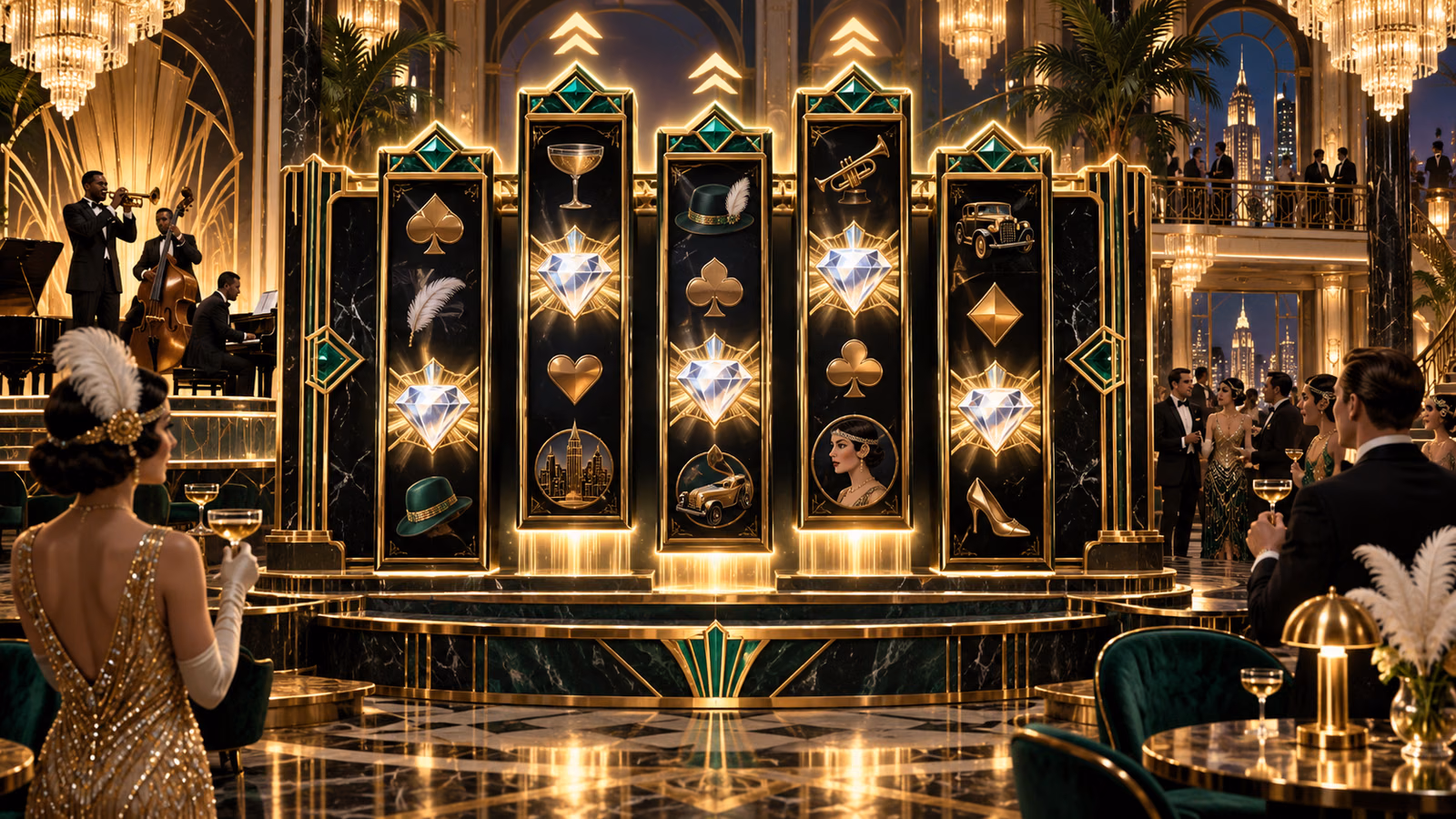 Original Art Deco ballroom with six paired reel columns, diamond Wilds and three raised reels