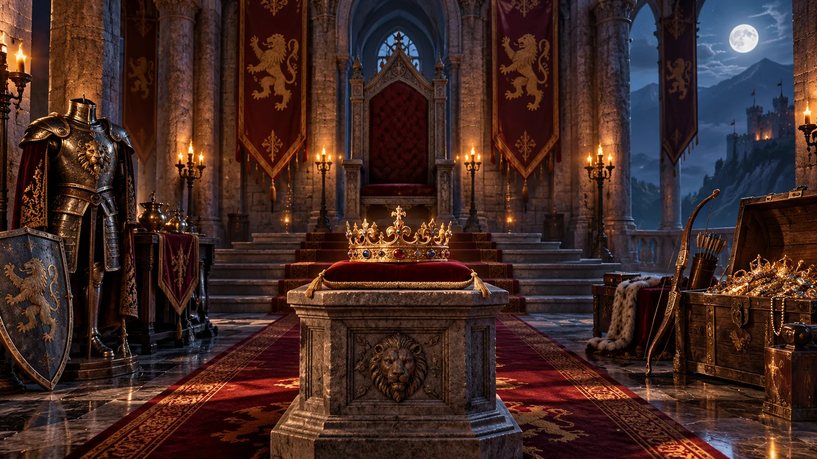Original editorial artwork of a royal crown in a torch-lit medieval stone chamber
