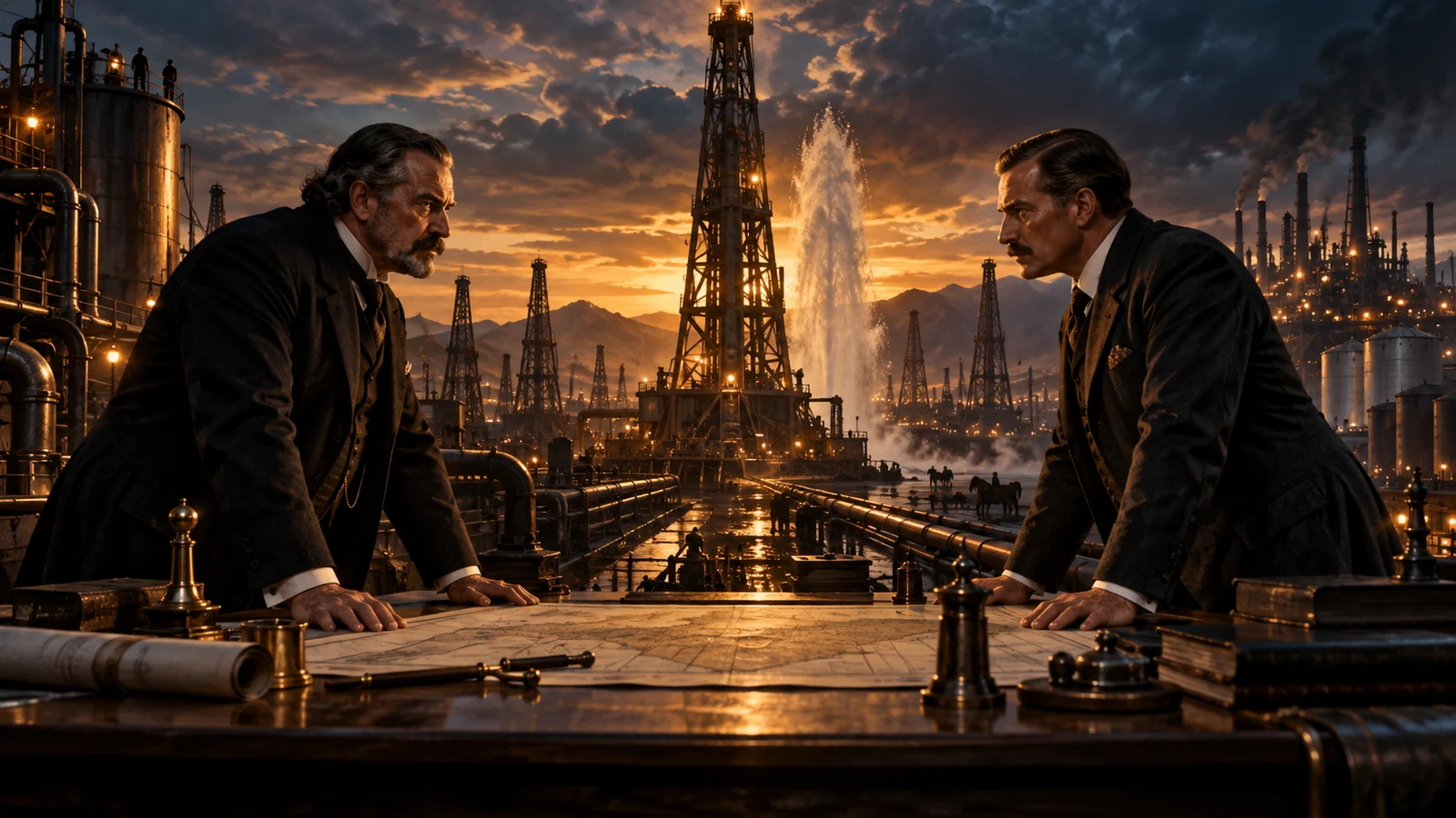 Original editorial artwork of two fictional oil industrialists facing each other across a map at a dusk oil field