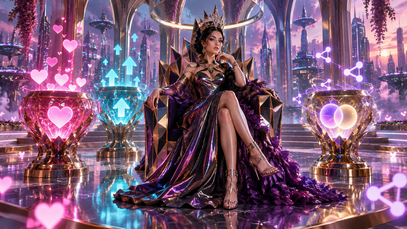 Original editorial artwork of a fictional fashion queen between three glowing sculptural influence vessels