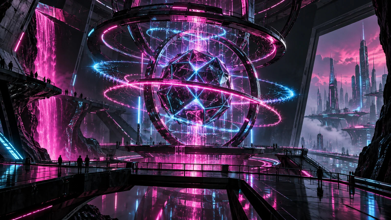 Original editorial artwork of a luminous artificial-intelligence core in a futuristic control chamber