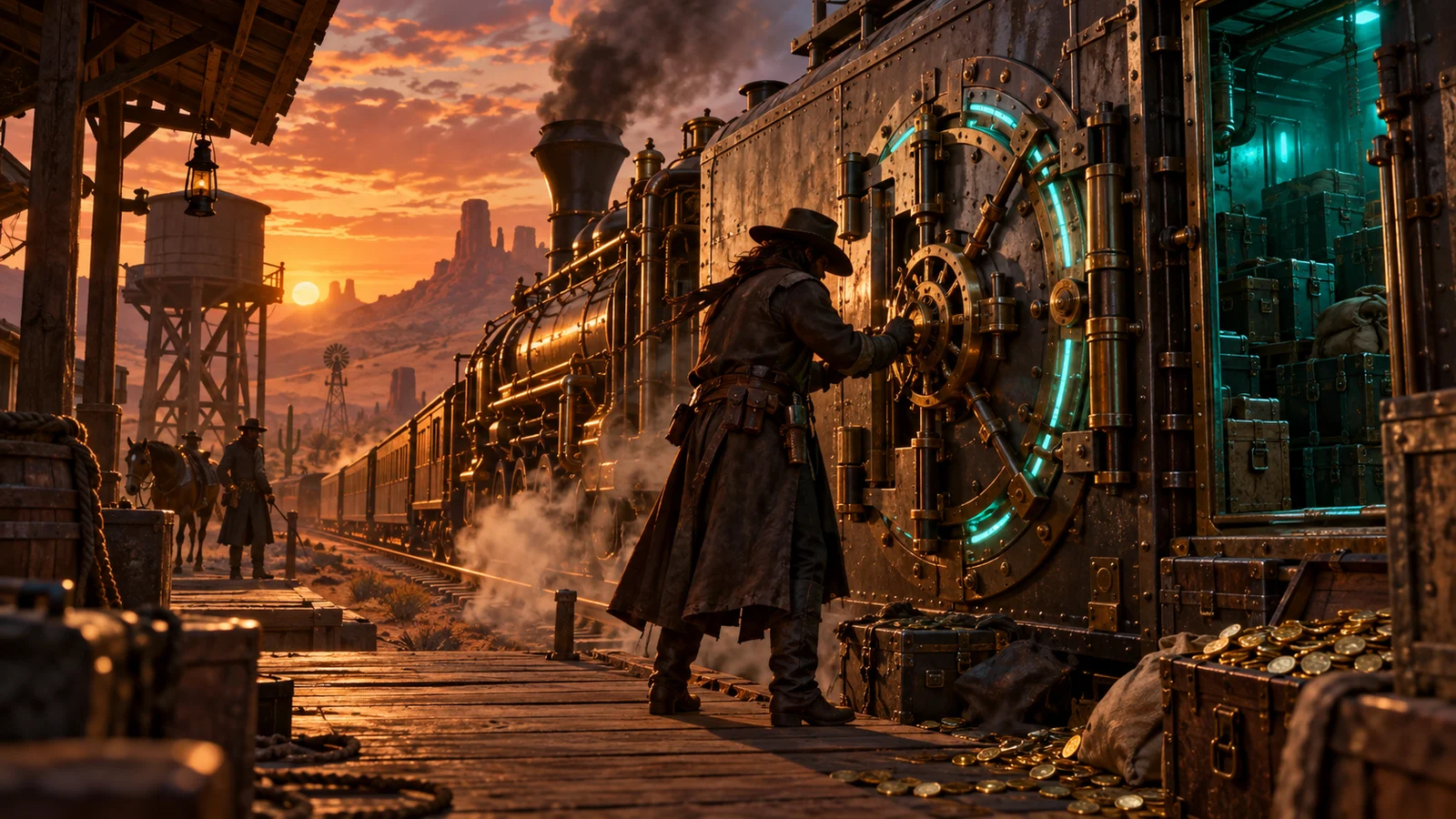 Original editorial artwork of a fictional Old West outlaw opening a turquoise-lit steampunk train vault