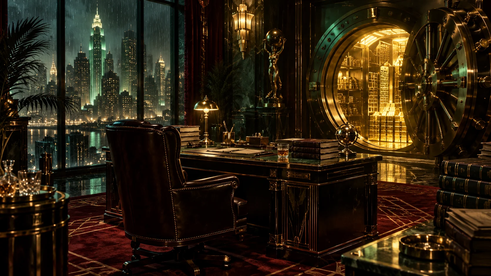 Original editorial artwork of an Art Deco office with an open golden vault overlooking a rainy city