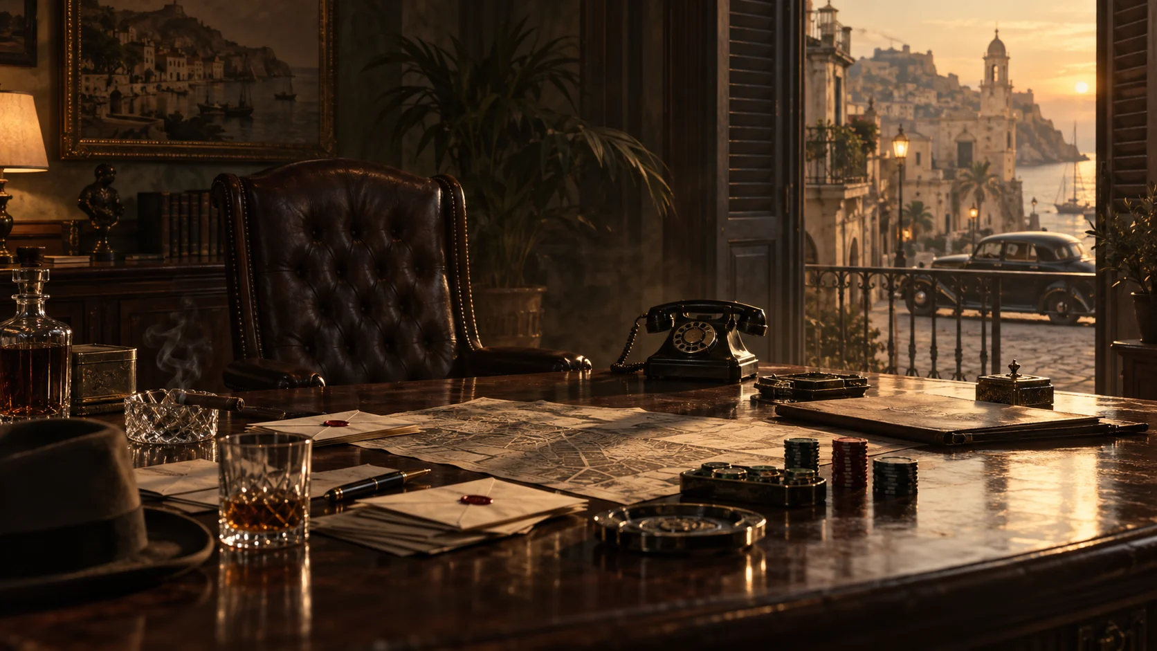 Original editorial artwork of a 1940s syndicate office with an empty chair, vintage telephone and coastal city outside