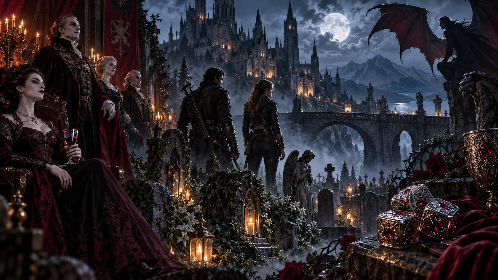 Original editorial triptych of a vampire court, hunters in a necropolis and gothic dice symbols