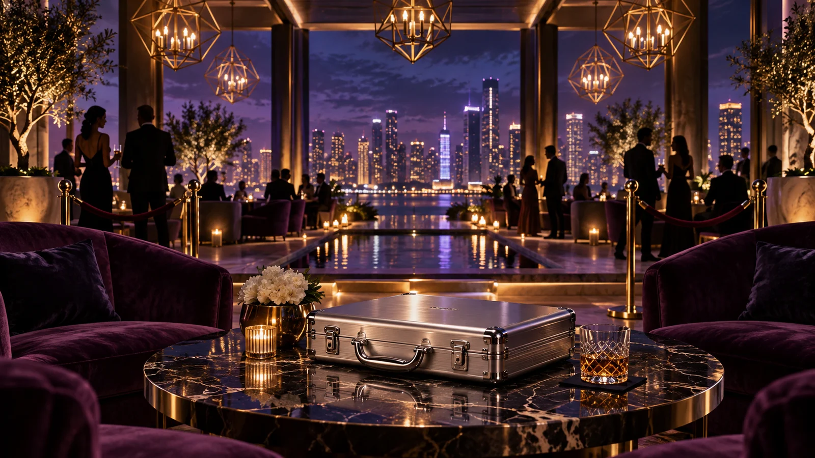 Original editorial artwork of a violet rooftop members lounge with a silver briefcase on a marble table