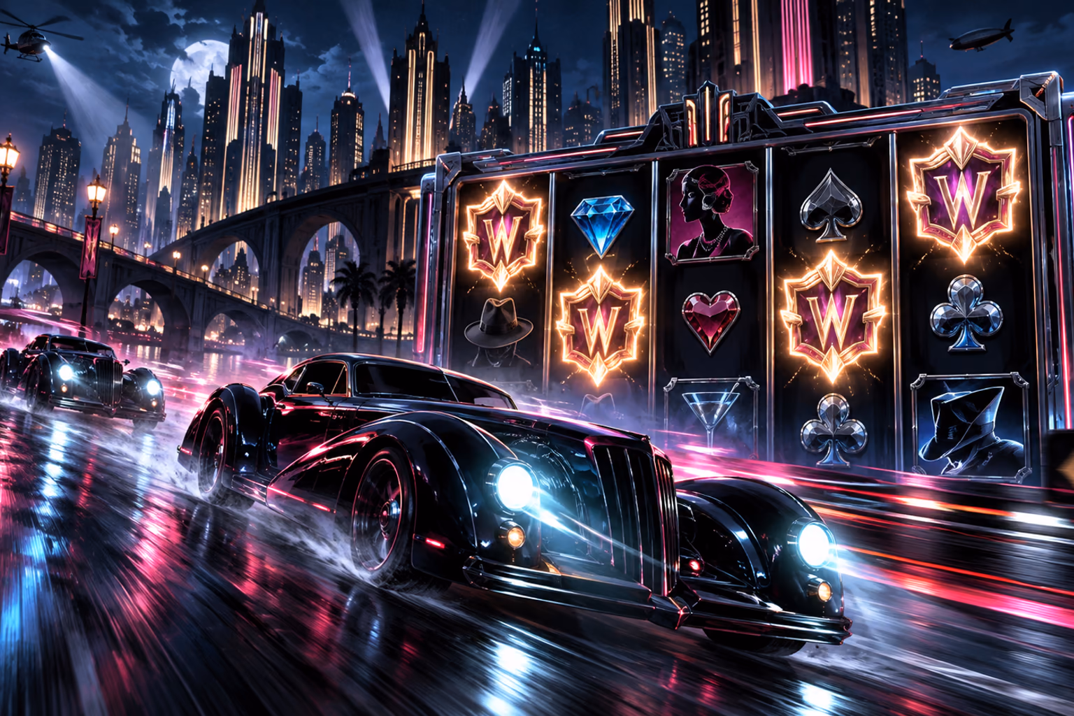 Original noir city chase scene with a five-reel board, locked winning symbols and glowing multiplier Wild emblems