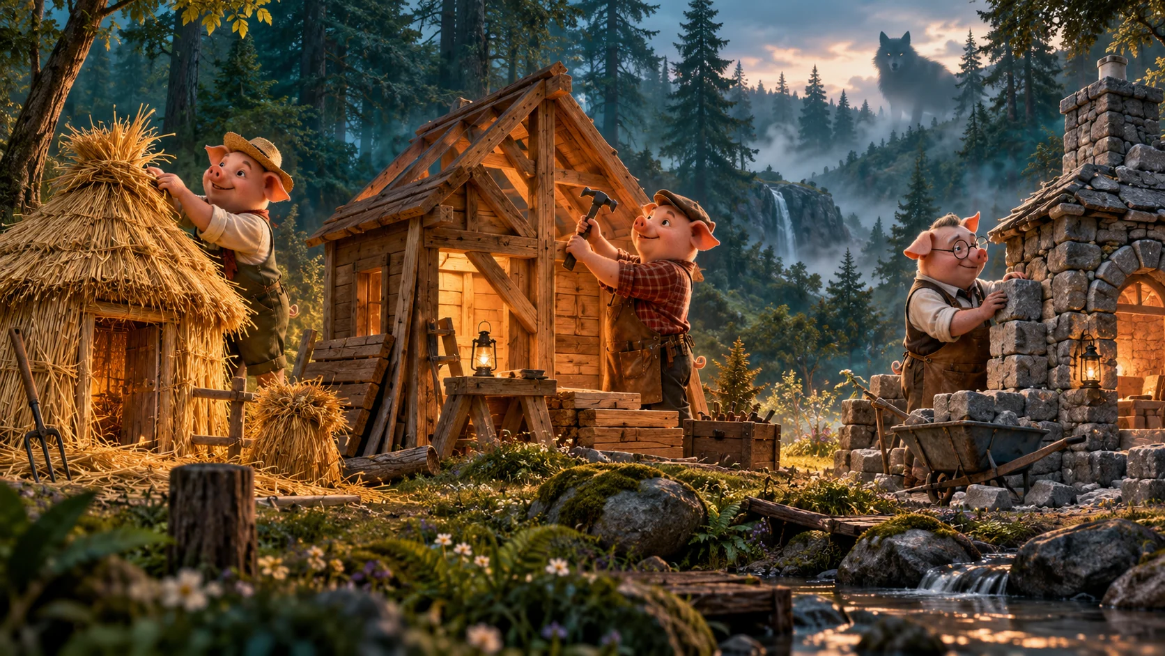 Original editorial artwork of three pig artisans building straw, timber and stone shelters in a forest clearing