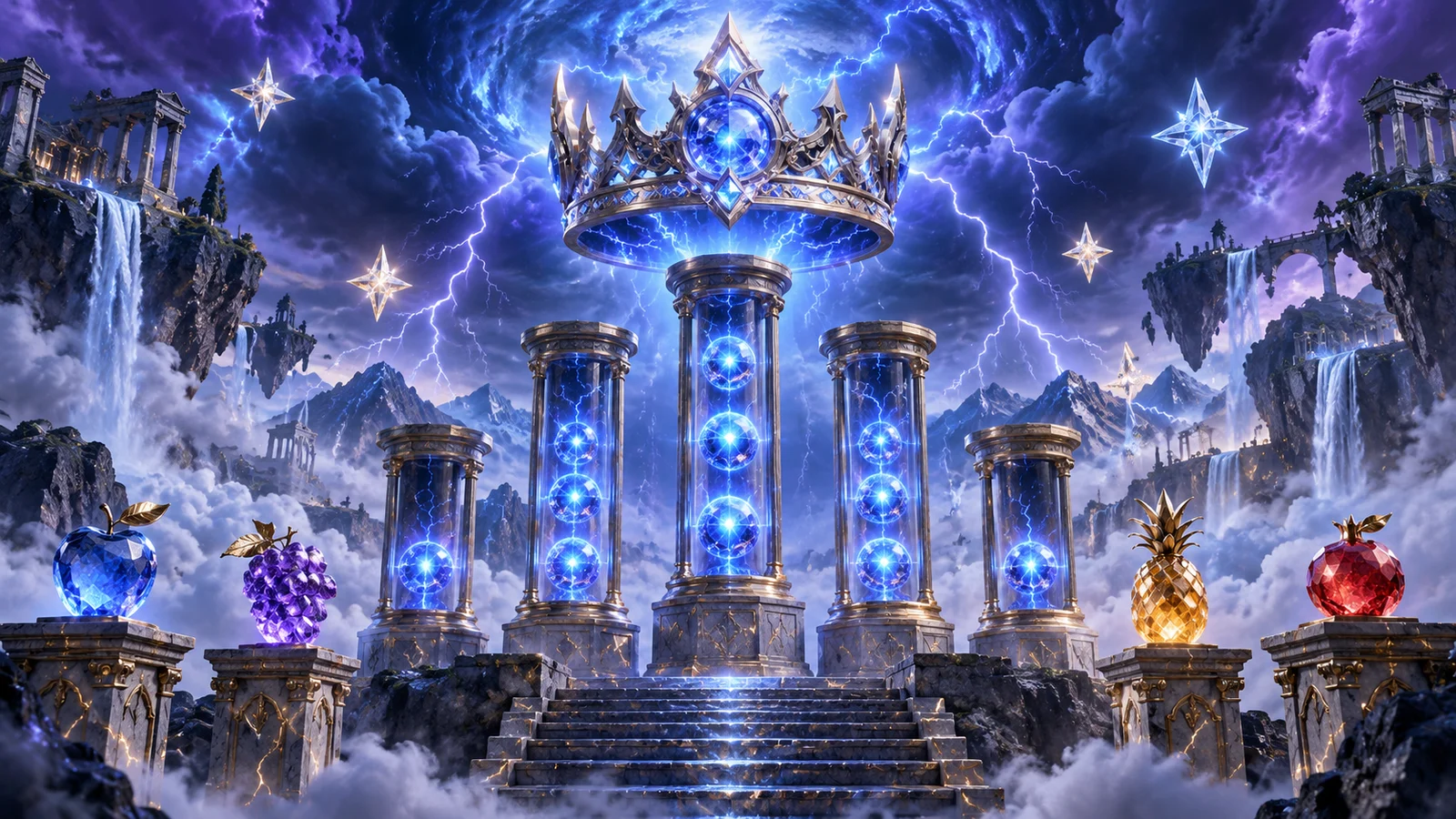 Original storm artwork with a lightning crown above five charged columns
