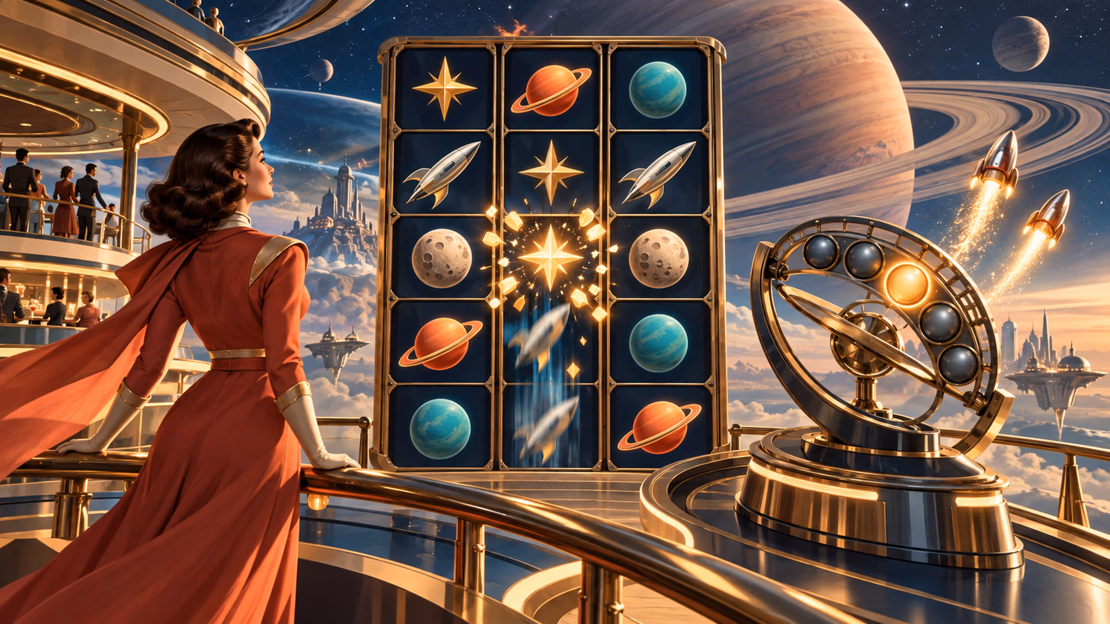 Original retro-futurist starliner with a 3 by 5 cascading grid and orbital bonus multiplier meter