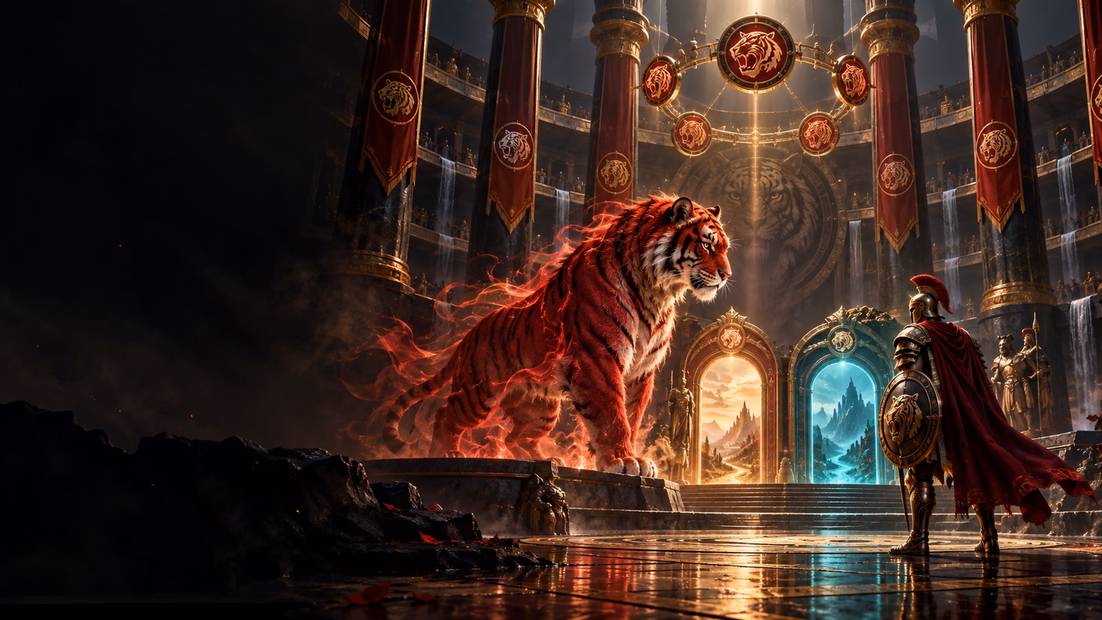 Original fantasy arena with a red tiger spirit, symbolic gladiator, two mode gates and six locking tiger columns