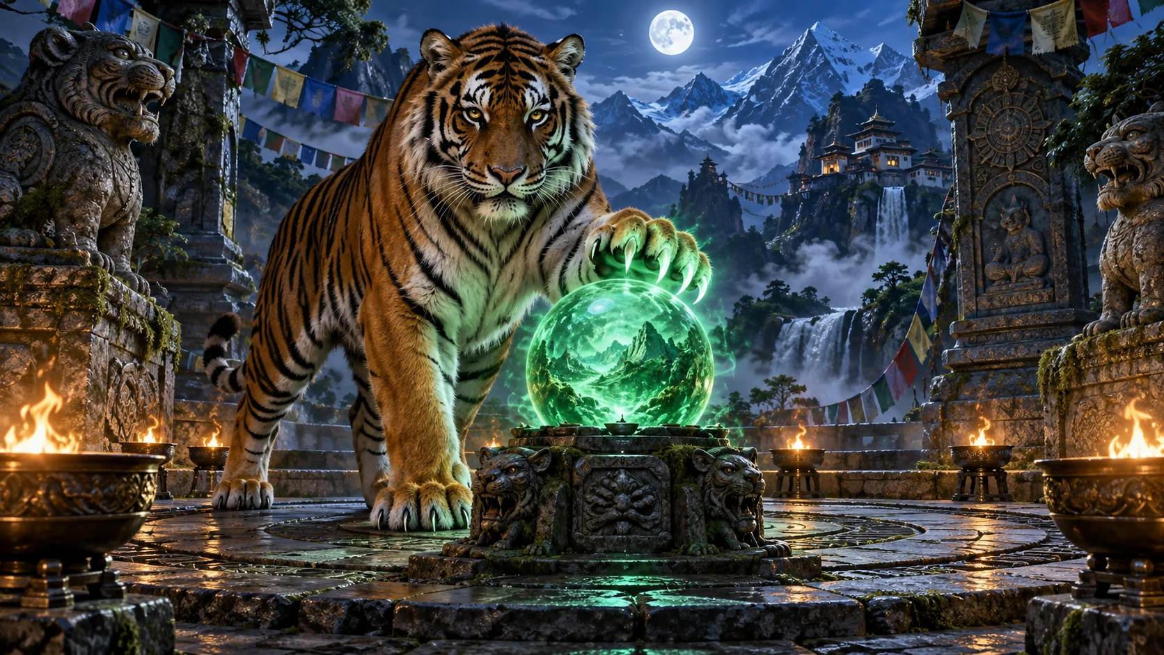 Original editorial artwork of a tiger raising a glowing claw beside an orb in a moonlit mountain temple