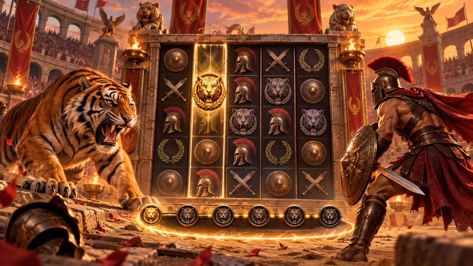 Original Roman arena with a tiger, gladiator, 4 by 6 board, one locked tiger reel and six progress markers