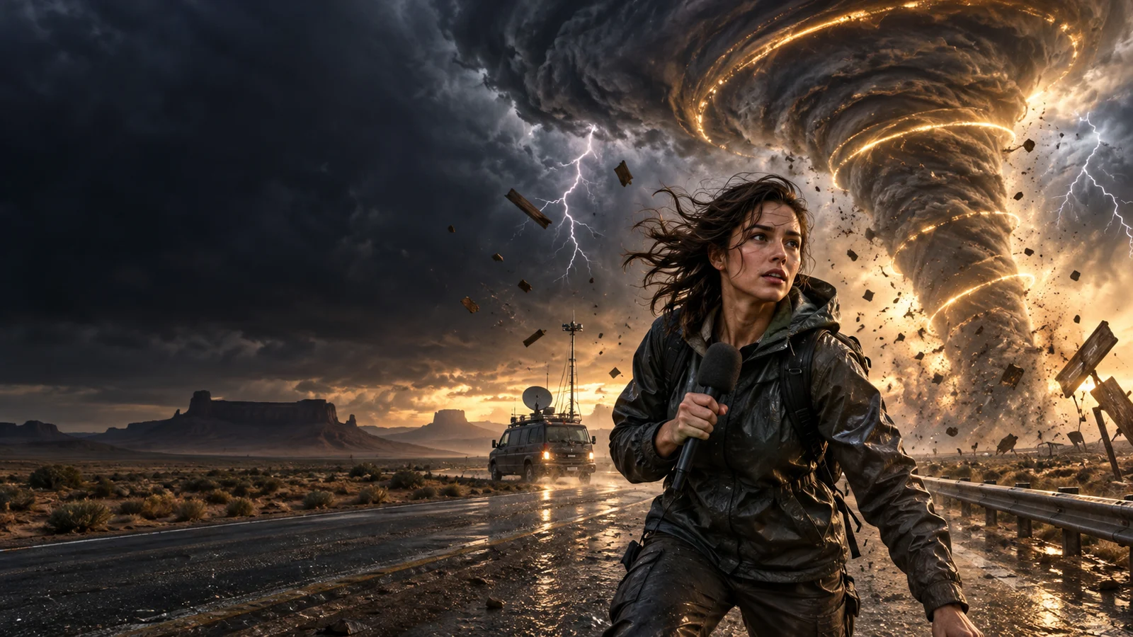 Original editorial artwork of a field reporter facing a luminous tornado on a desert highway