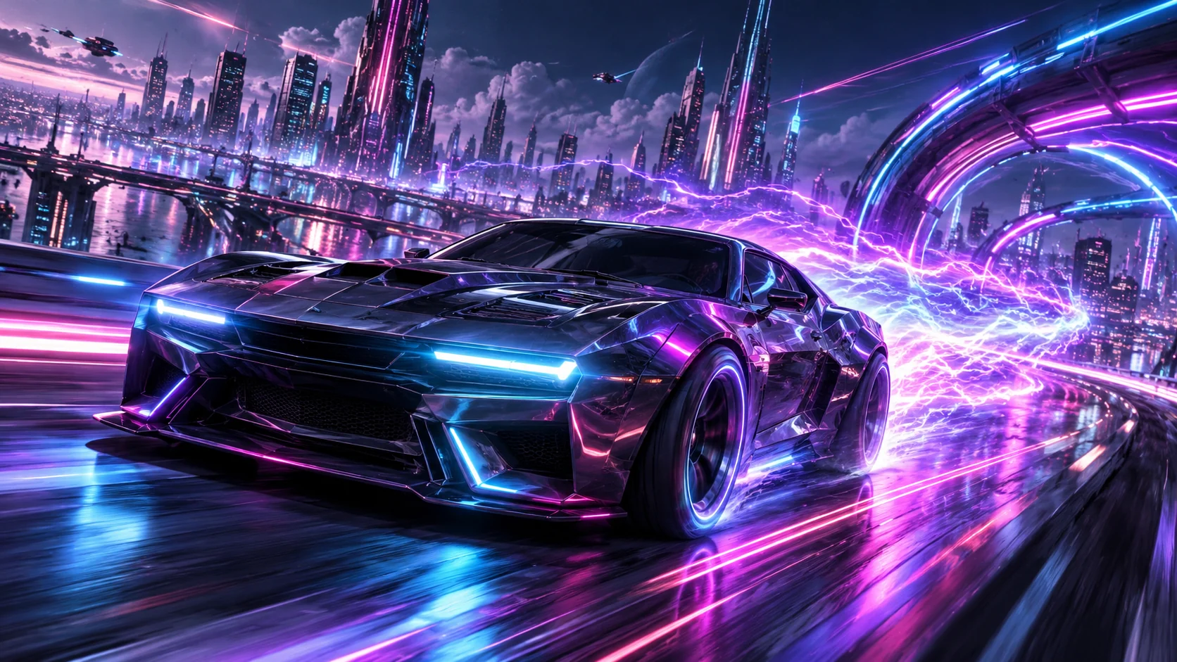 Original editorial artwork of an unbranded futuristic car accelerating through an electric neon city